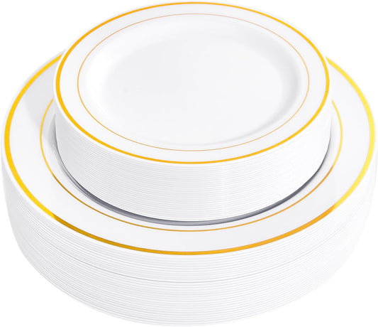 FLOWERCAT 60PCS Gold Plastic Plates - Heavy Duty White and Gold Plastic Plates Disposable for New Year/Thanksgiving Party/Wedding - Include 30PCS 10.25" Dinner Plates and 30PCS 7.5" Dessert Plates
