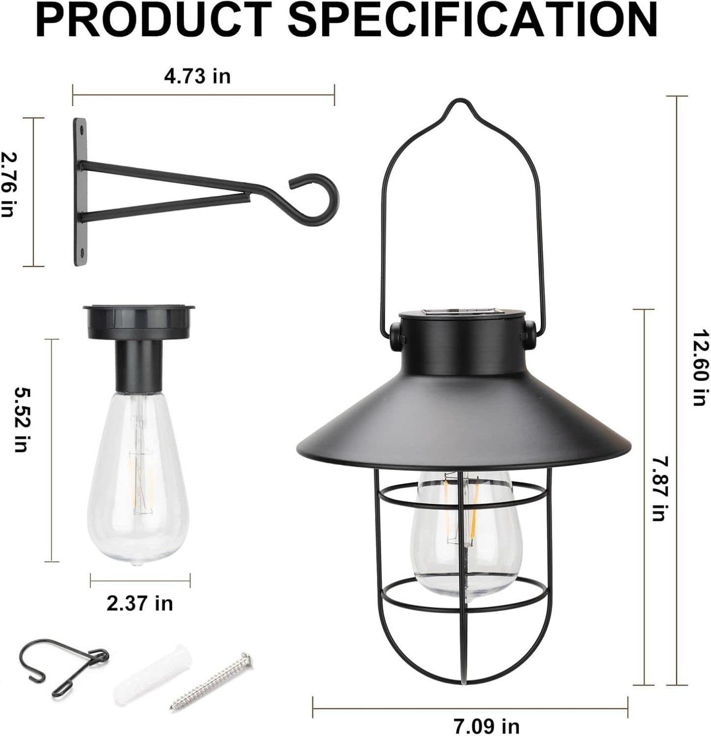 pearlstar Solar Lanterns Outdoor Metal Solar Powered Hanging Lights Waterproof for Wall Yard Garden Patio Garage Balcony Porch Fence Decor, Warm White Edison Bulb,with Wall Mount Kit（Black-1pack）