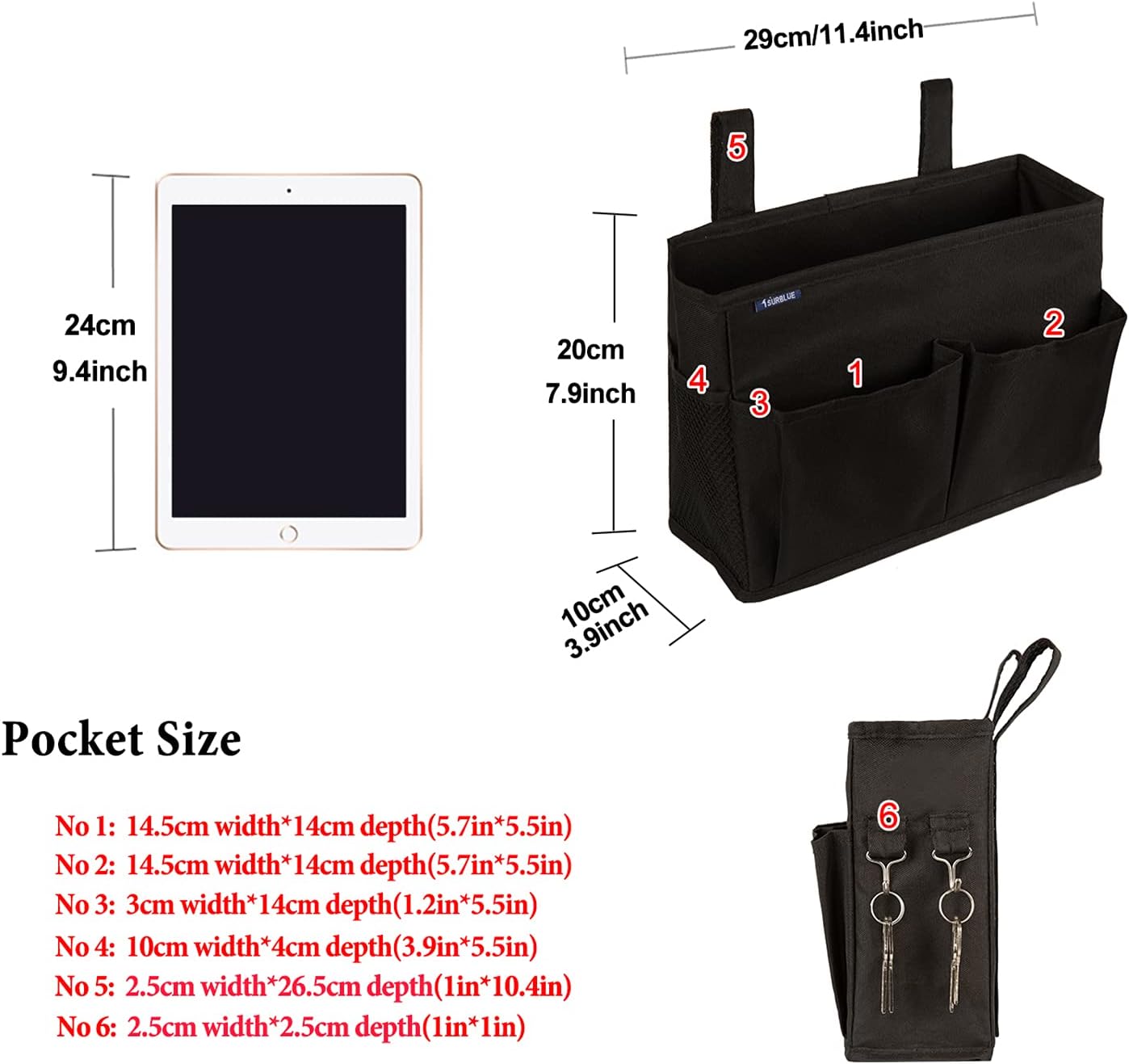 Surblue Caddy Hanging Organizer Bedside Storage Bag for Bunk and Hospital Beds, Black, Small