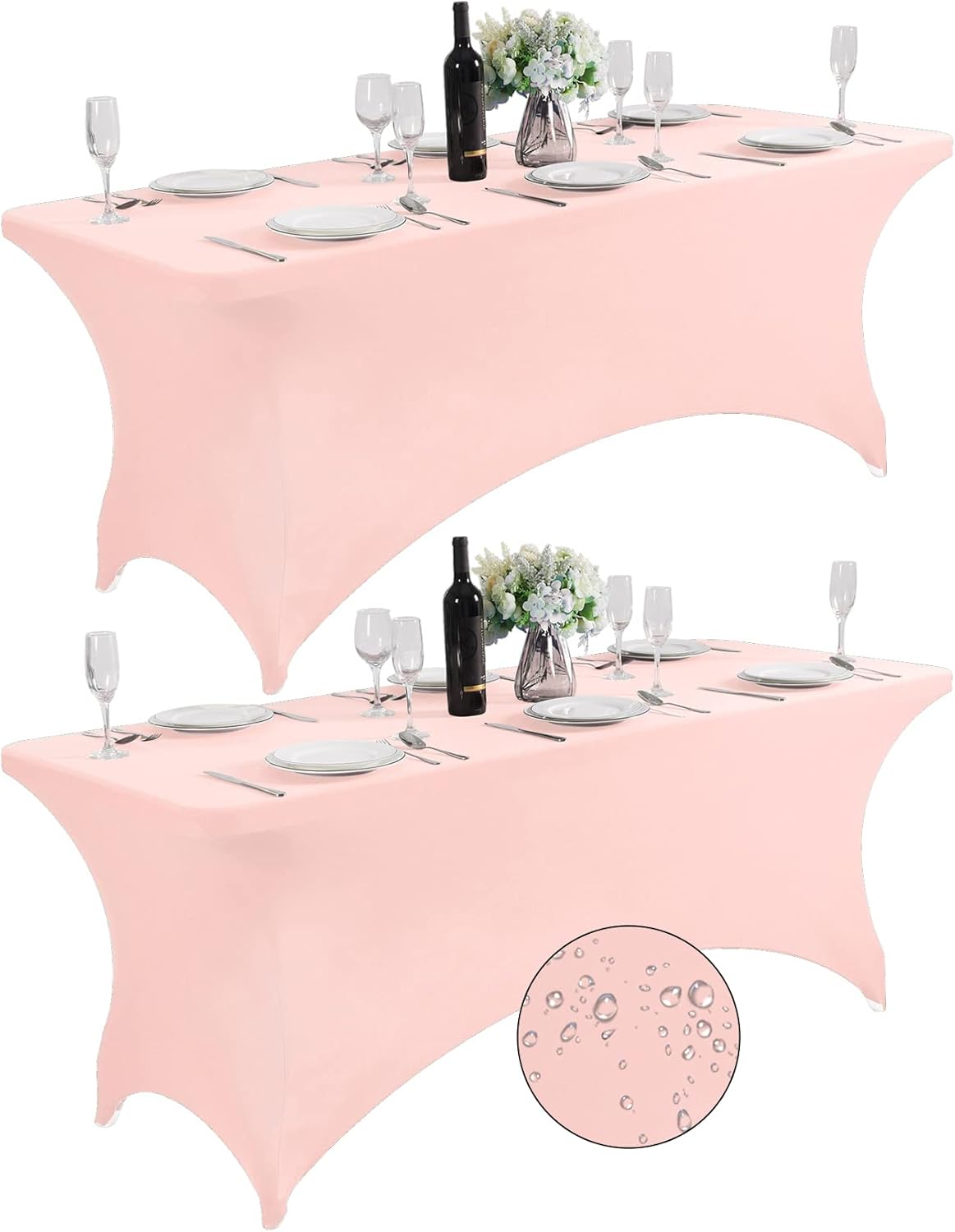 SuperO 2Pack Waterproof Spandex Table Cover for 6FT Table Universal Fitted Stretch Tablecloth for Party, Banquet, Wedding and Events-Blush Pink