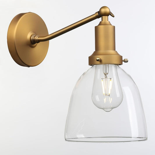 PERMO Industrial Vintage Slope Pole Wall Mount Single Sconce with 6.7" Oval Dome Clear Glass Shade Wall Sconce Light Fixture (Antique Gold)