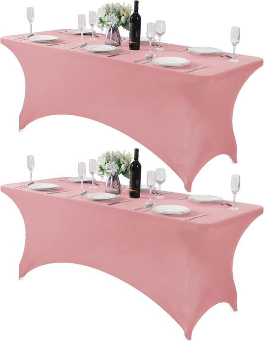 2Pack Spandex Table Cover for 6Ft or 4fT or 8ft Table Universal Fitted Stretch Tablecloth for Party, Banquet, Wedding and Events-Dusty Pink