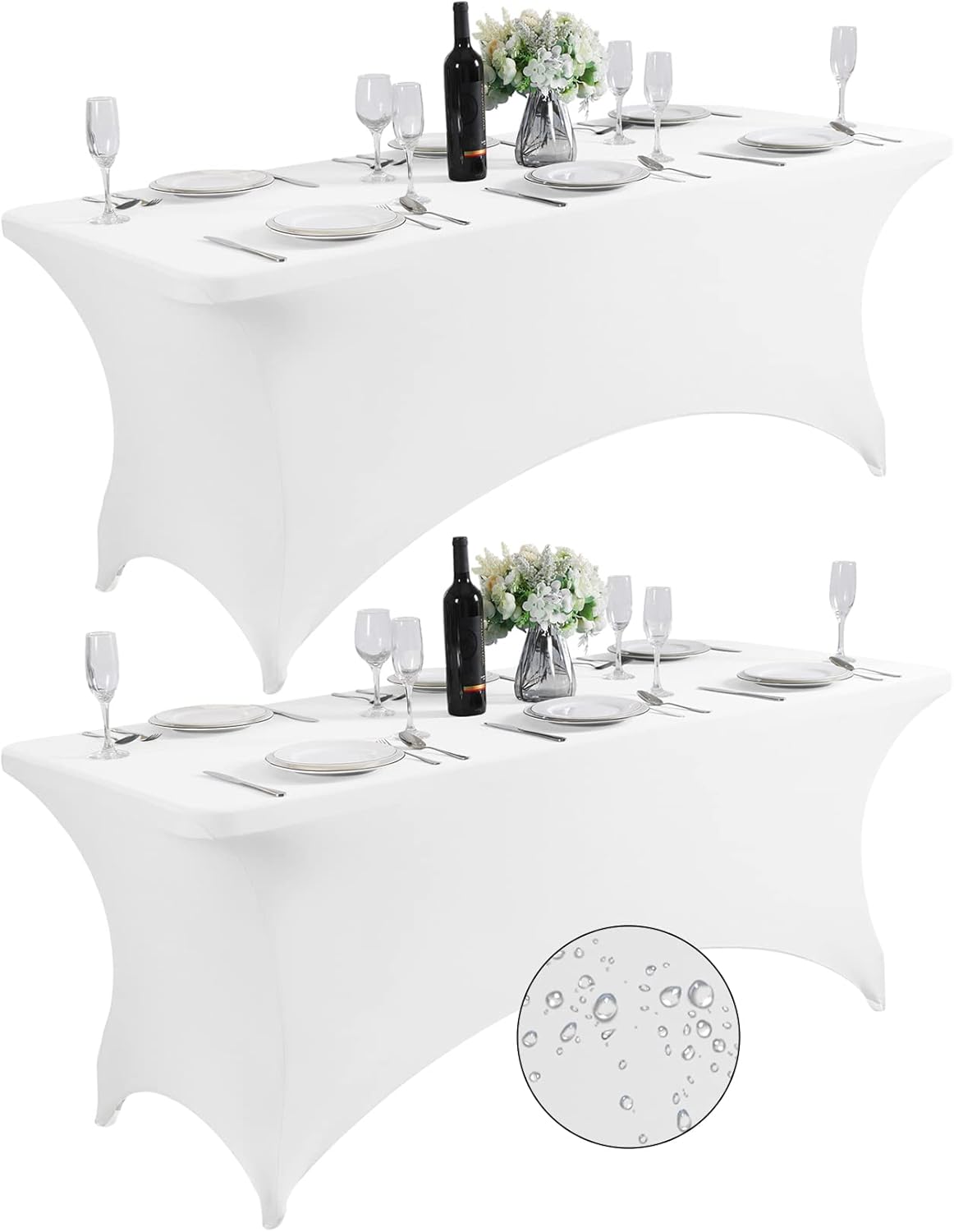 SuperO 2Pack Waterproof Spandex Table Cover for 6FT Table Universal Fitted Stretch Tablecloth for Party, Banquet, Wedding and Events-White