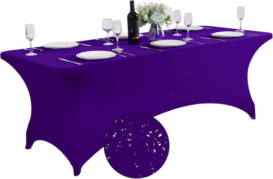 SuperO Waterproof Spandex Table Cover for 8FT Table Universal Fitted Stretch Tablecloth for Party, Banquet, Wedding and Events-Purple