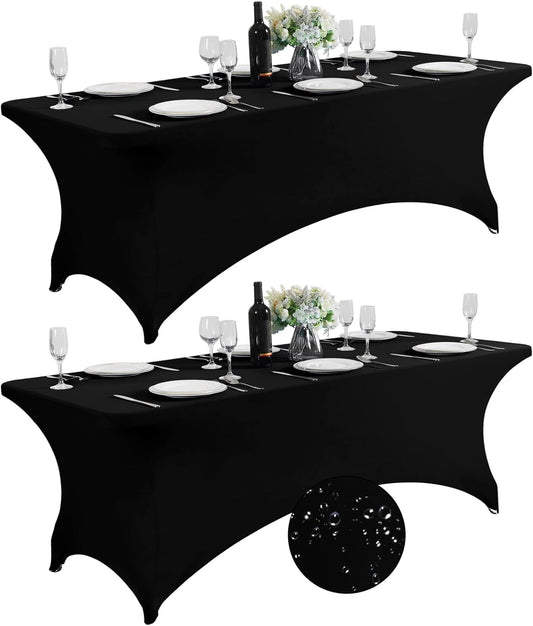 SuperO 2Pack Waterproof Spandex Table Cover for 8FT Table Universal Fitted Stretch Tablecloth for Party, Banquet, Wedding and Events-Black
