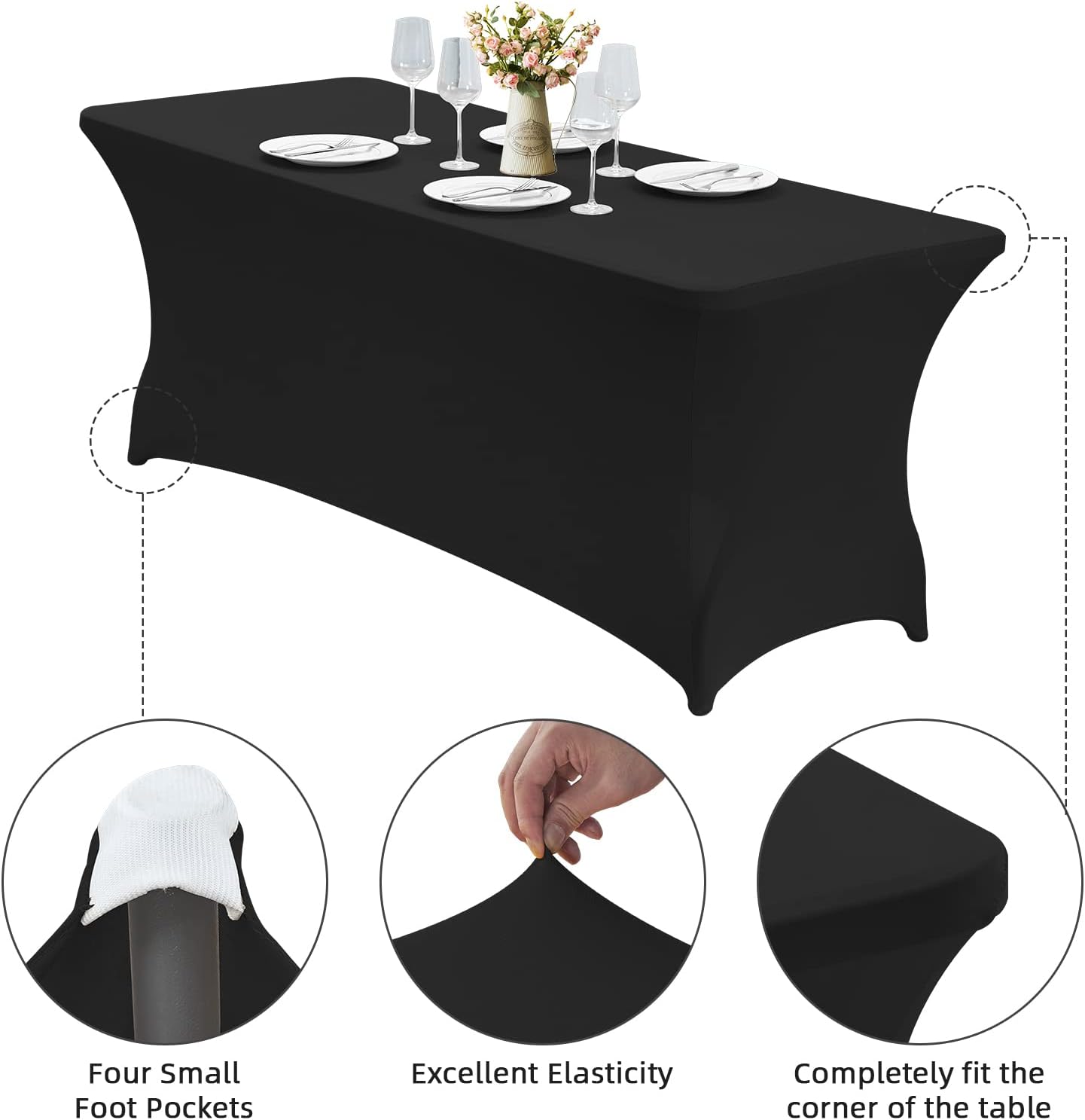 CWK 6FT Waterproof Stretch Spandex Table Cover for Rectangular Tables - Elastic Fitted Tablecloth for Folding Tables,Wrinkle Resistant Table Cloth for Parties, Weddings, Banquets & Events (Black)