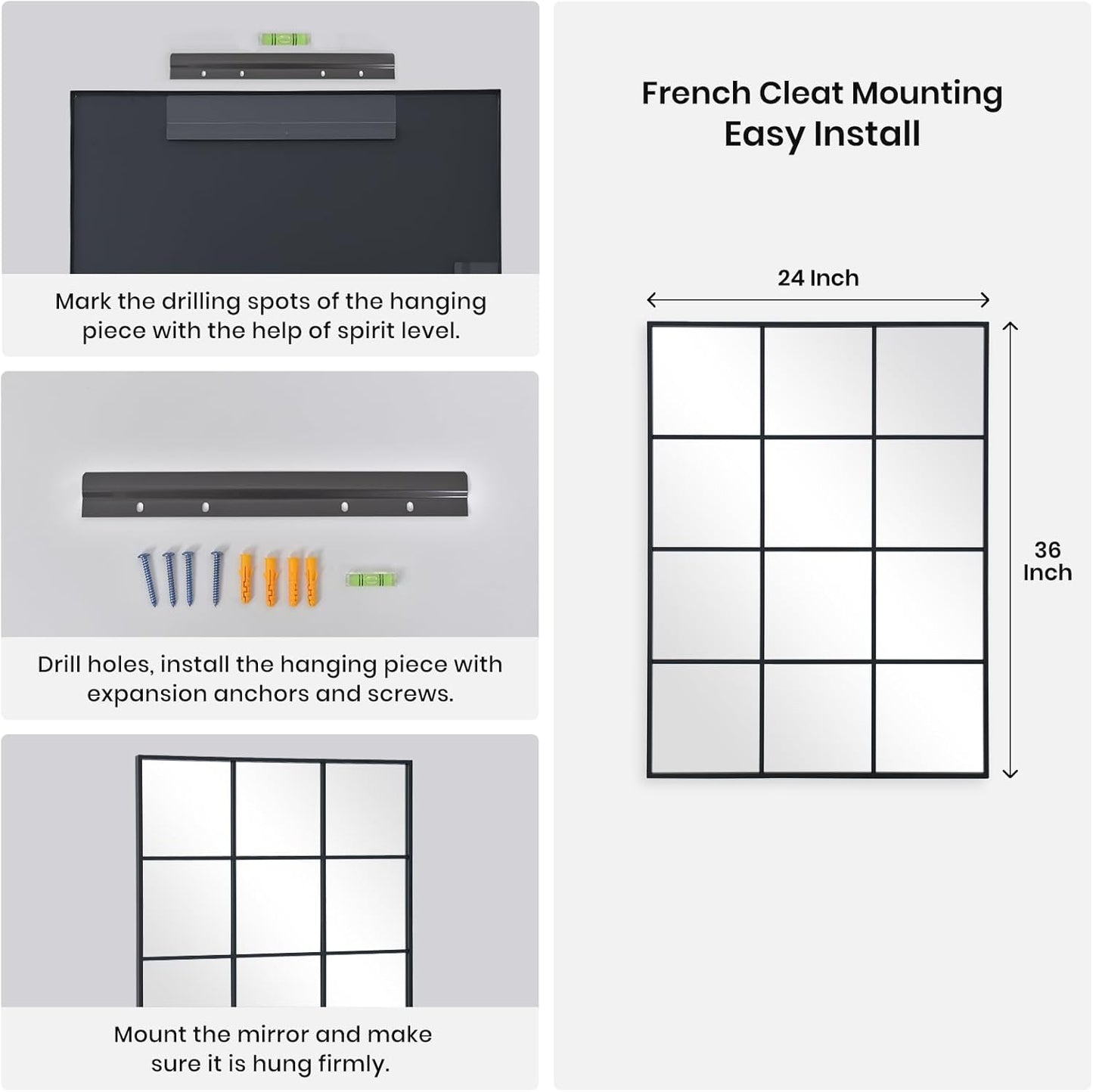 Windowpane Wall Mirror 24"x36" Black Wall Mounted Art Pane Mirror Farmhouse Decorative Mirror Leaning Hanging Wall Mirror for Bedroom Living Room Entrance Hallway Wall Decor