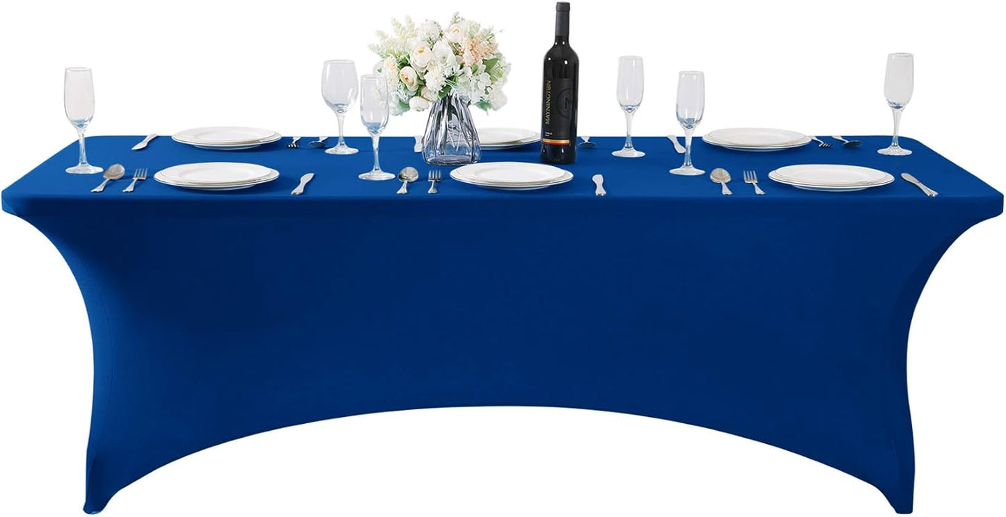 SuperO 2Pack Waterproof Spandex Table Cover for 8FT Table Universal Fitted Stretch Tablecloth for Party, Banquet, Wedding and Events-Classic Blue