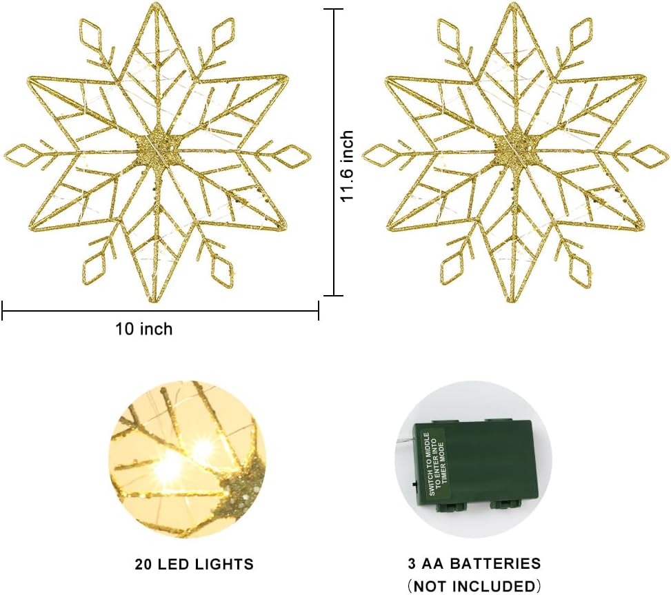 hogardeck Christmas Tree Topper, 10 Inches Lighted Gold Snow Tree Topper, 20 LED Lights Gold Glitter Powder Snowflake Tree Toppers Christmas Decorations, Battery Powered Timer Xmas Treetop Star Decor