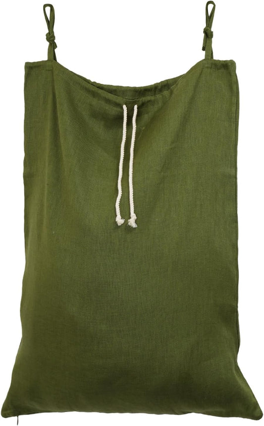 Linen Hanging Laundry Bag, Over The Door Laundry Hamper for Dirty Clothes, Drawstring Closure with Bottom Zipper, Army Green
