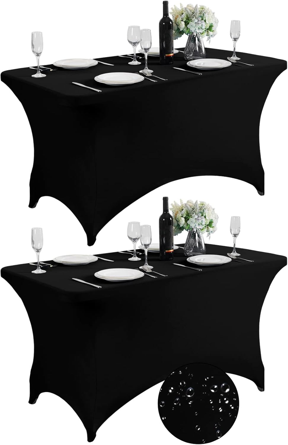 SuperO 2Pack Waterproof Spandex Table Cover for 4FT Table Universal Fitted Stretch Tablecloth for Party, Banquet, Wedding and Events-Black