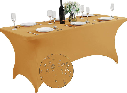 SuperO Waterproof Spandex Table Cover for 6FT Table Universal Fitted Stretch Tablecloth for Party, Banquet, Wedding and Events-Gold