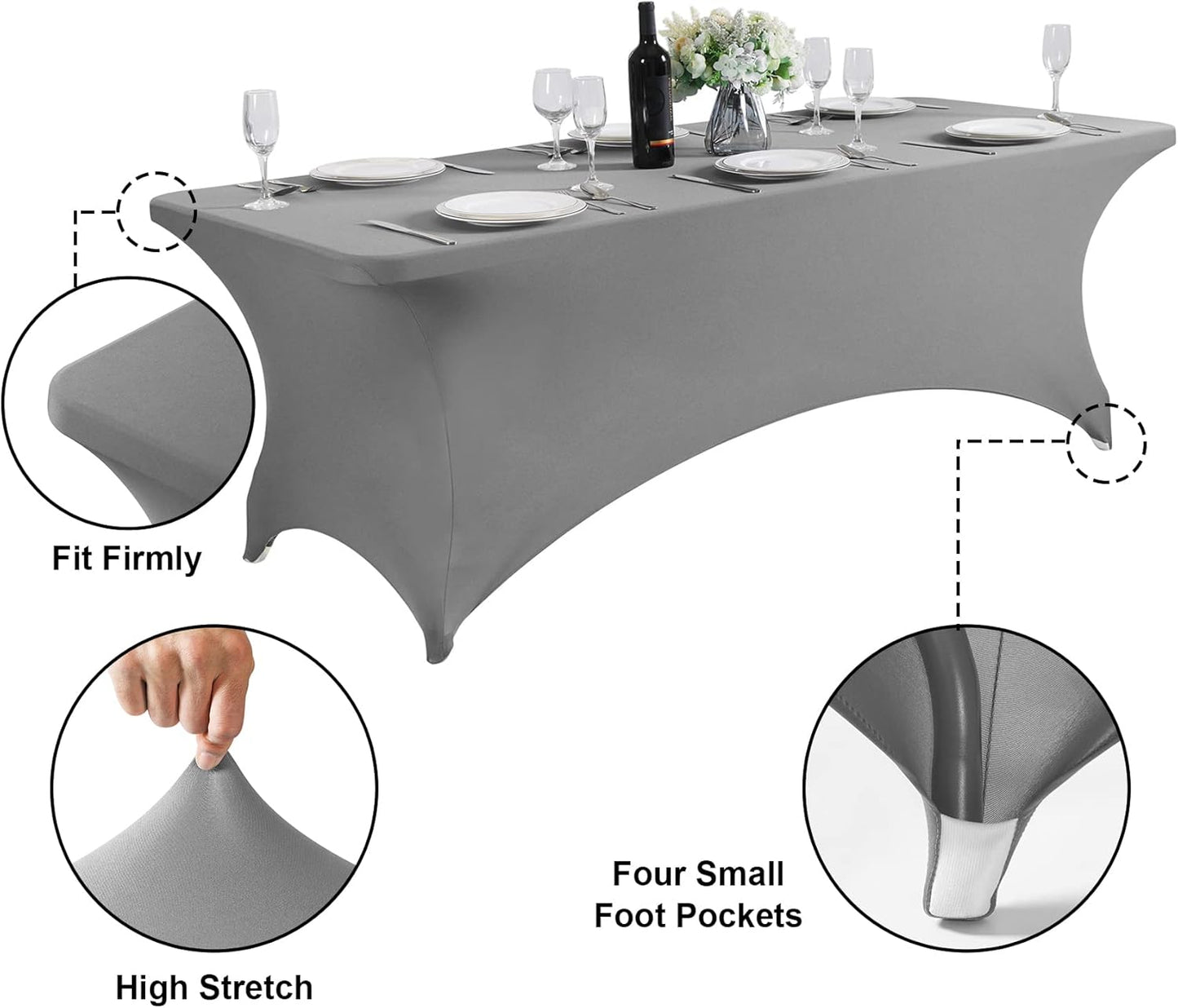 SuperO 2Pack Waterproof Spandex Table Cover for 8FT Table Universal Fitted Stretch Tablecloth for Party, Banquet, Wedding and Events-Gray