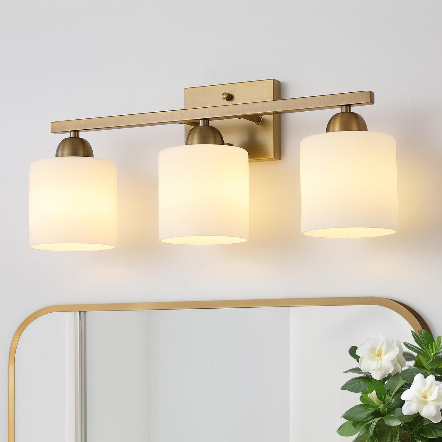 Stainless Steel Milk Glass Vanity Lights for Bathroom, 3 Light Brass Bathroom Light Fixtures Over Mirror, Ceramic E26 Sockets Wall Mounted