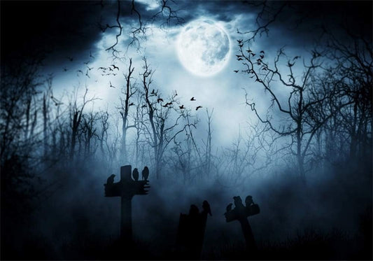 AOFOTO 12x8ft Moon Night Halloween Cemetery Photography Backdrop Flying Bats Birds Stand on Gravestone Cross Graveyard in Dark Forest Photo Background Cloth Vinyl Wallpaper Photo Studio Props