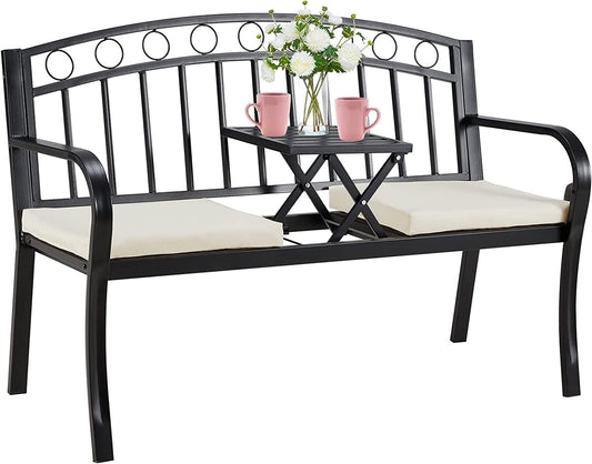 AVAWING Outdoor Metal Garden Bench, 2-Seat Patio Porch Bench with Steel Frame, Park Bench w/Pullout Middle Table＆ Cushion for Backyard Lawn Deck Entryway, Black
