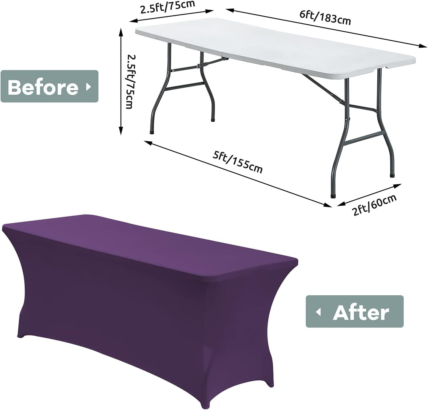 CWK 6FT Waterproof Stretch Spandex Table Cover for Rectangular Tables - Elastic Fitted Tablecloth for Folding Tables,Wrinkle Resistant Table Cloth for Parties, Weddings, Banquets & Events (Dark Puple)