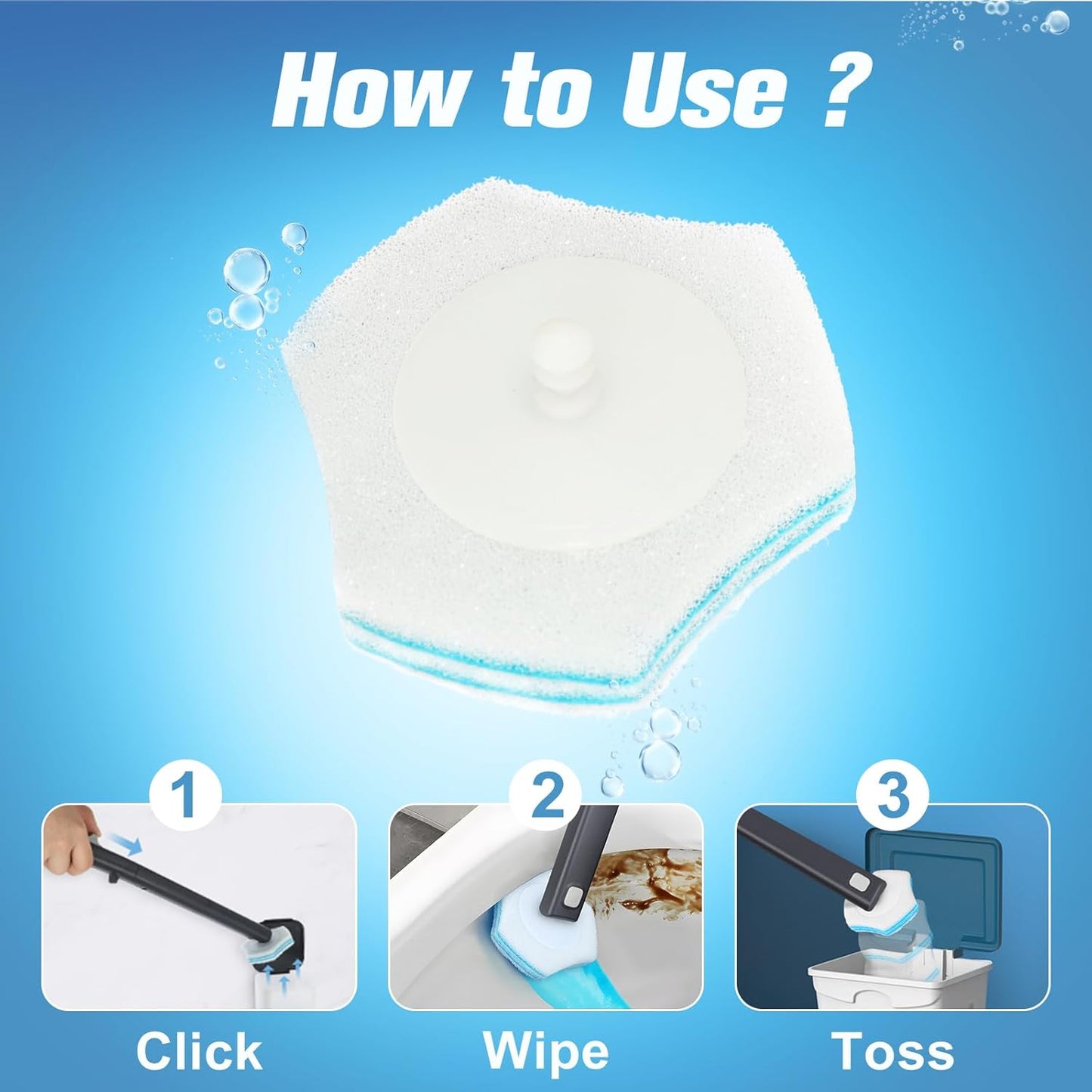 squish Disposable Toilet Brush Refills 32 Count, Disposable Toilet Brush Cleaning Sponges Heads for Toilet and Bathroom Cleaning