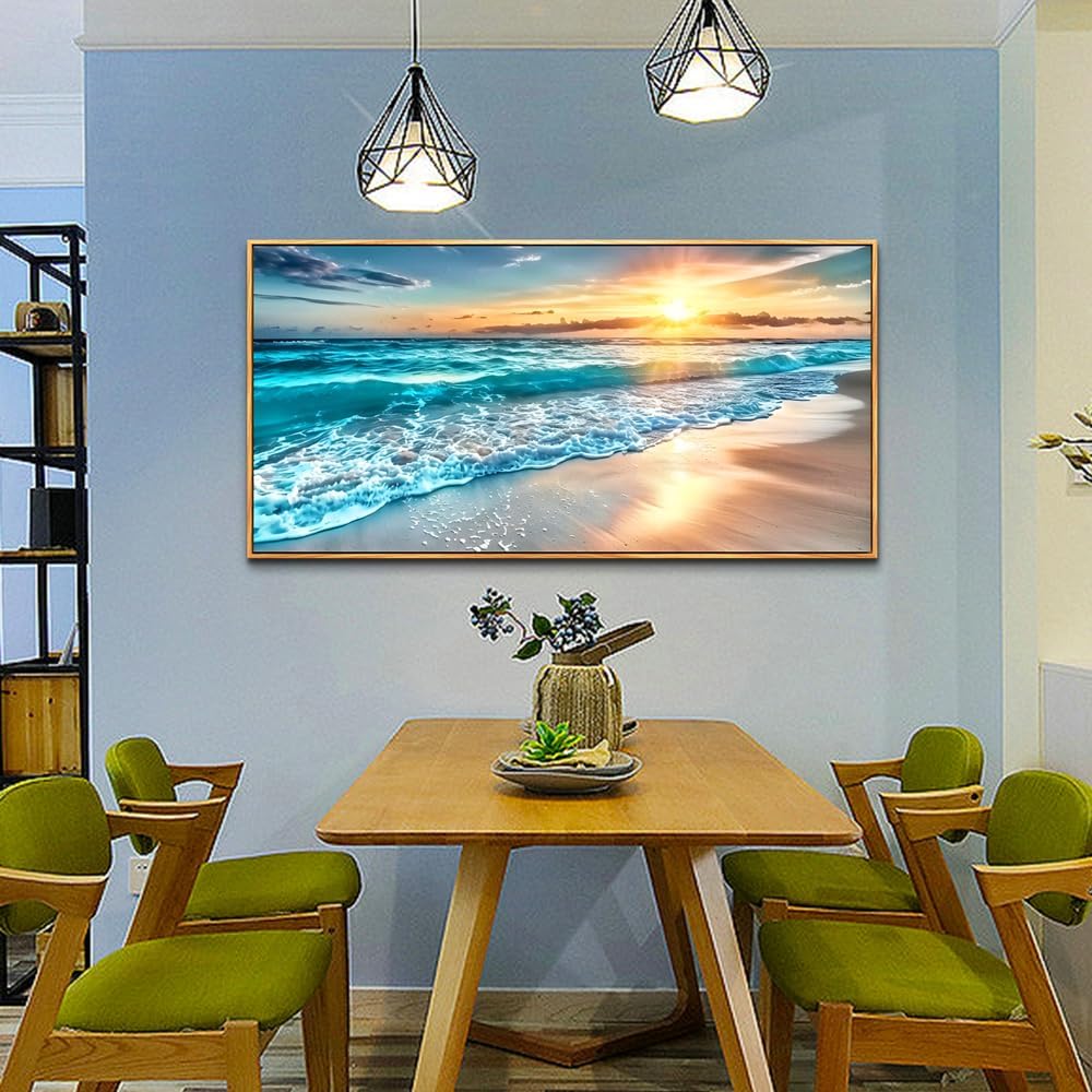 hyidecorart Large Wall Art For Living Room Wall Decor For Bedroom Office Wall Decor Wood Framed Canvas Wall Painting Blue Sea Wave Pictures Modern Beach Seascape Posters Home Decorations Artwork