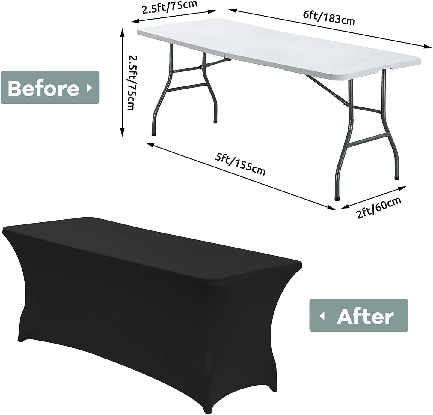 CWK 6FT Waterproof Stretch Spandex Table Cover for Rectangular Tables - Elastic Fitted Tablecloth for Folding Tables,Wrinkle Resistant Table Cloth for Parties, Weddings, Banquets & Events (Black)