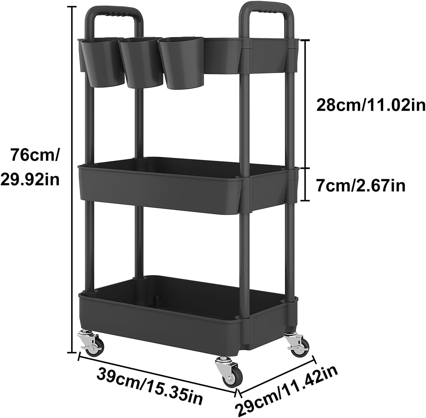 UDEAR 3-Tier Rolling Utility Cart,Multifunctional Storage Shelves with Handle and Lockable Wheels for Room,Office,Kitchen,Bathroom,with 3 Hanging Cups,Black