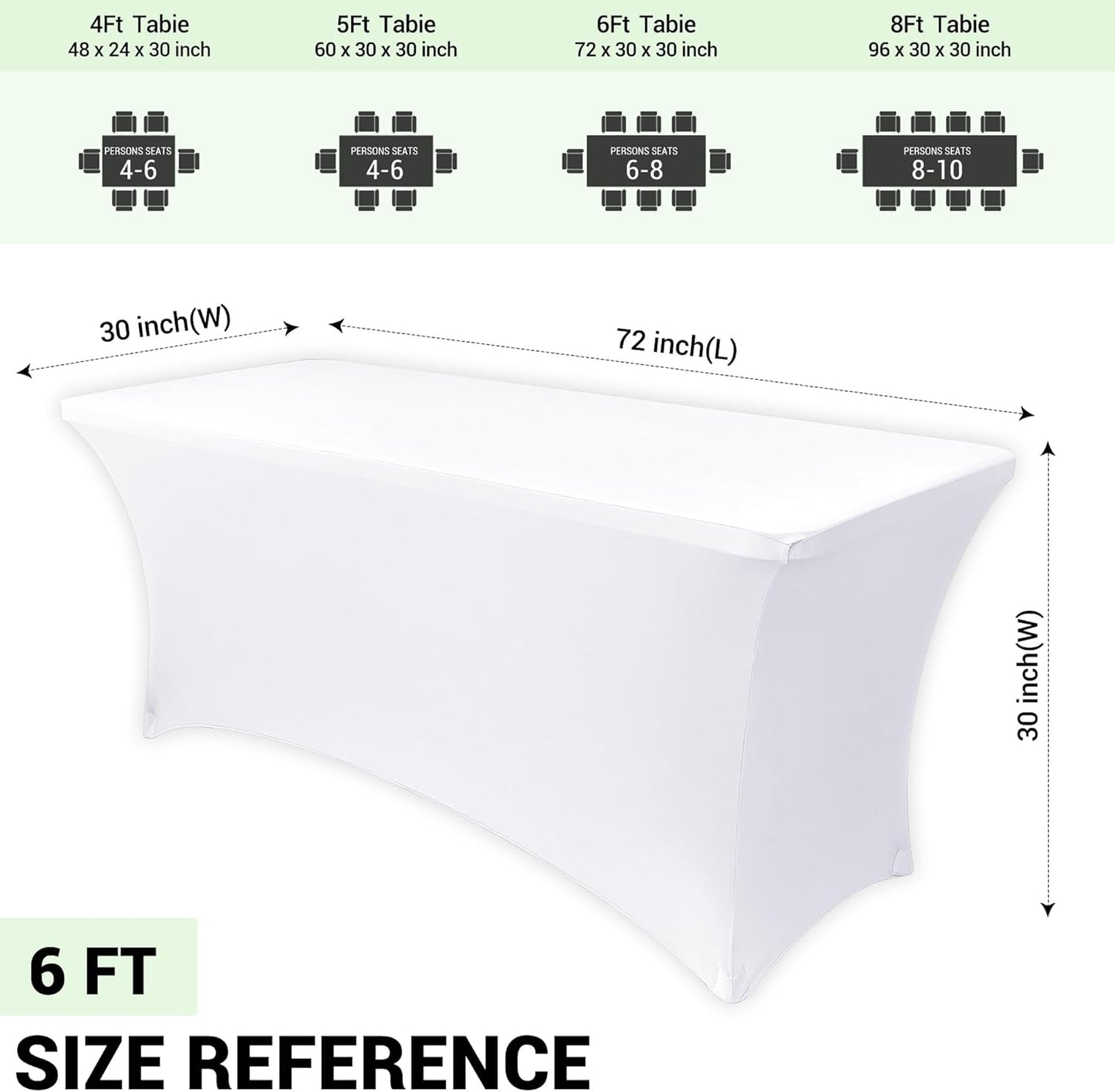 Obstal 6ft Stretch Spandex Table Cover - 4 Pack Universal Rectangular Fitted Tablecloth Protector for Wedding, Banquet and Party, White
