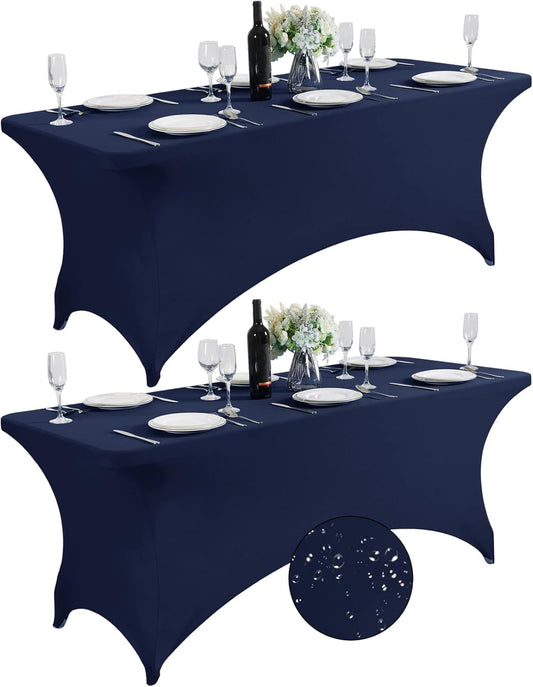 SuperO 2Pack Waterproof Spandex Table Cover for 6FT Table Universal Fitted Stretch Tablecloth for Party, Banquet, Wedding and Events-Navy