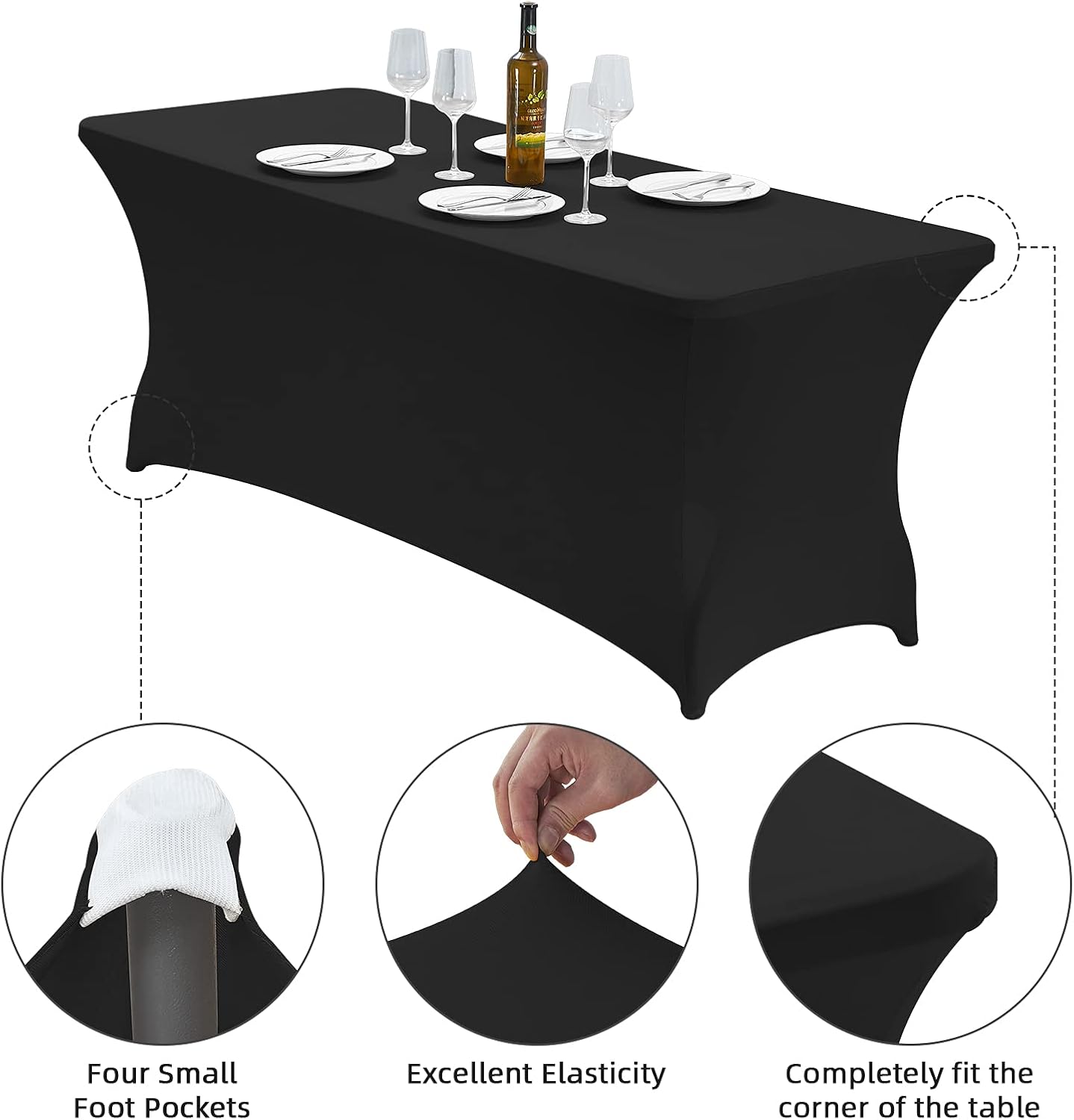 CWK 4FT Waterproof Stretch Spandex Table Cover for Rectangular Tables - Elastic Fitted Tablecloth for Folding Tables,Wrinkle Resistant Table Cloth for Parties, Weddings, Banquets & Events (Black)