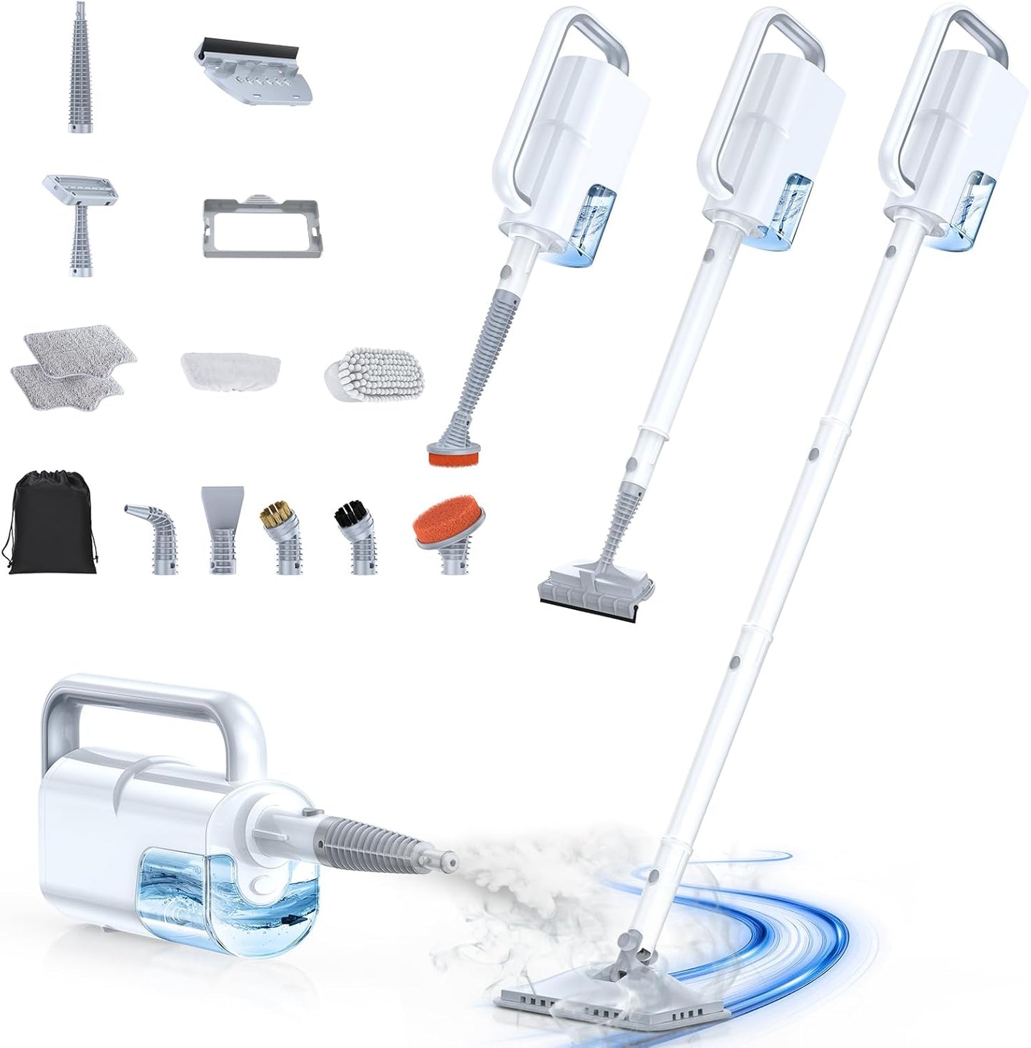 ScrubWiz Steam Mop Cleaner with Detachable Handheld Steamer, 10-in-1 Multi Accessories, Washable Microfiber Pads, 350ml and 2 Adjustable Level for Cleaning Floor, Carpet, Tile, and Grout, Light White
