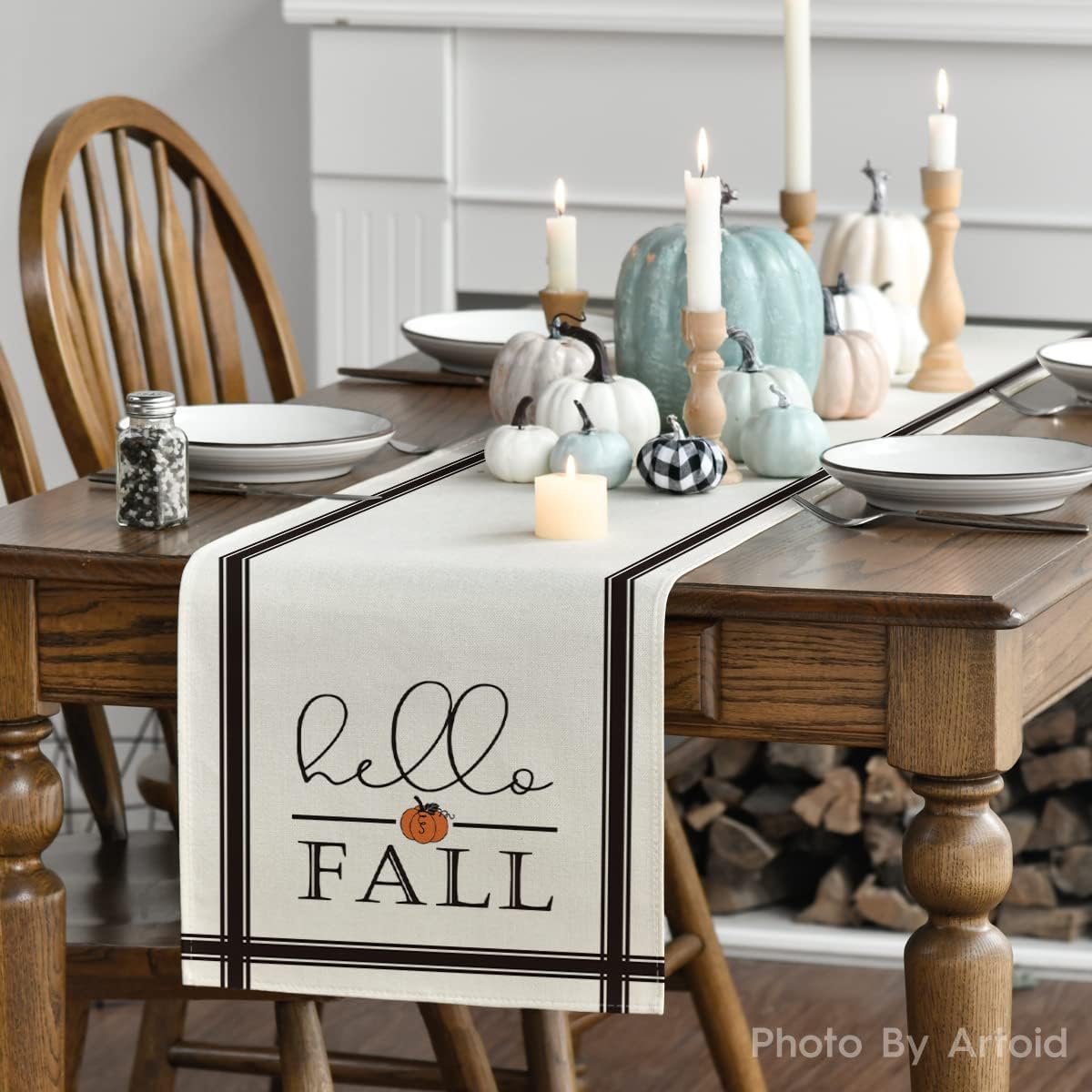 Artoid Mode Hello Fall Stripes Pumpkin Autumn Table Runner, Seasonal Fall Kitchen Dining Table Decoration for Home Party Decor 13x60 Inch