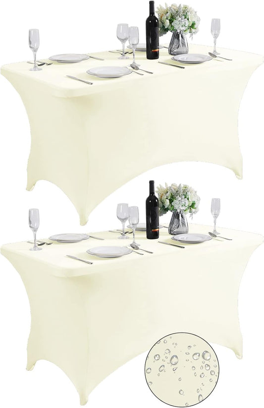 SuperO 2Pack Waterproof Spandex Table Cover for 4FT Table Universal Fitted Stretch Tablecloth for Party, Banquet, Wedding and Events-Ivory