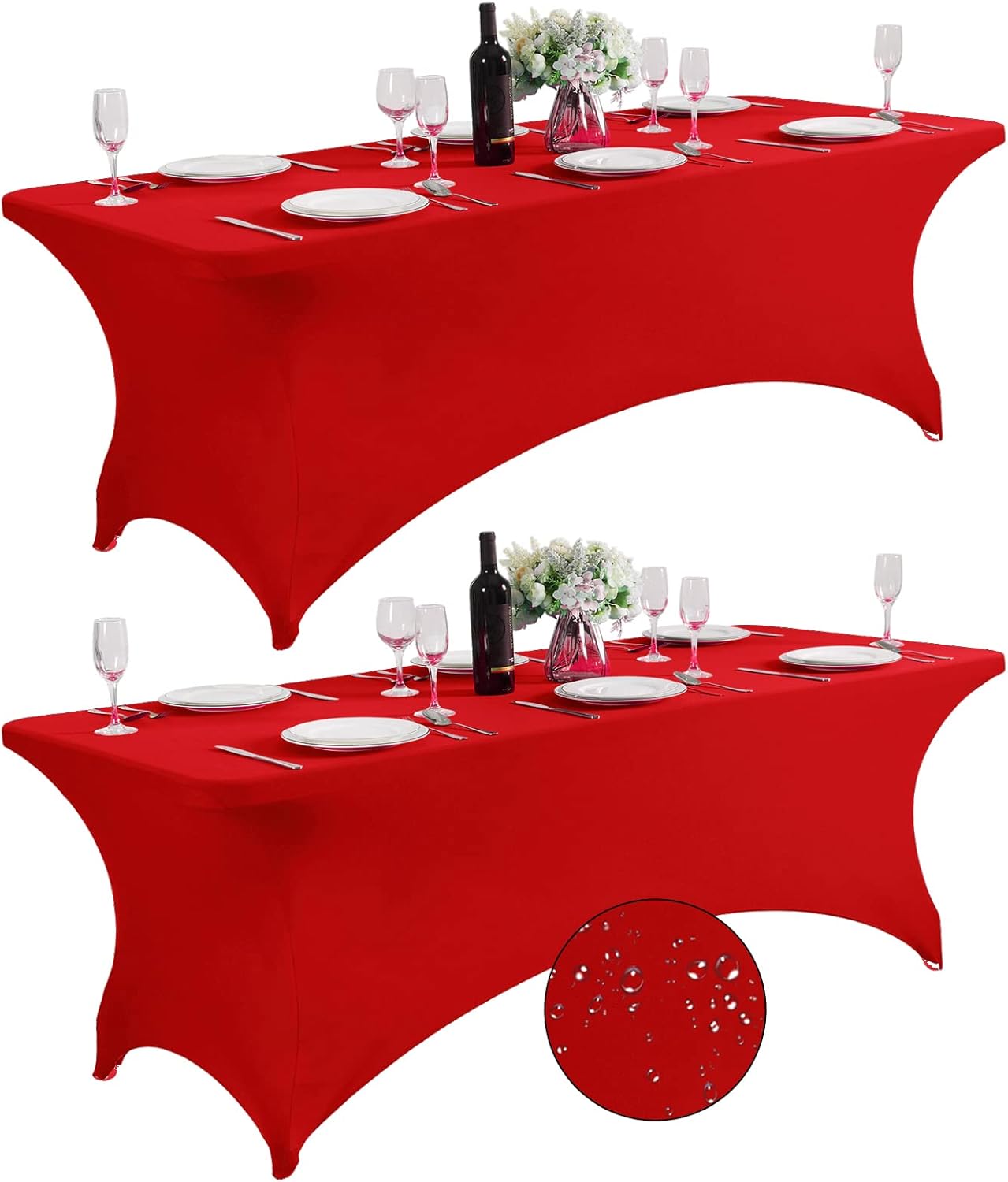 SuperO 2Pack Waterproof Spandex Table Cover for 8FT Table Universal Fitted Stretch Tablecloth for Party, Banquet, Wedding and Events-Red