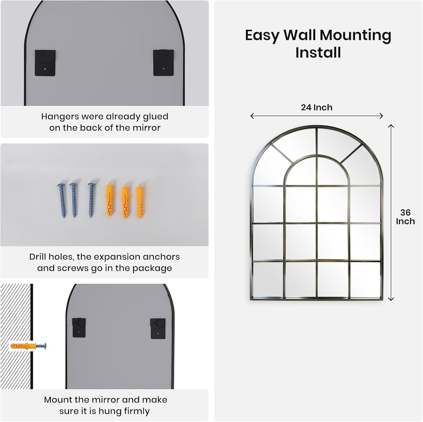 Arched Windowpane Wall Mirror 24"x36" Bronze Wall Mounted Art Pane Mirror Farmhouse Decorative Mirror Leaning Hanging Wall Mirror for Bedroom Living Room Entrance Hallway Wall Decor