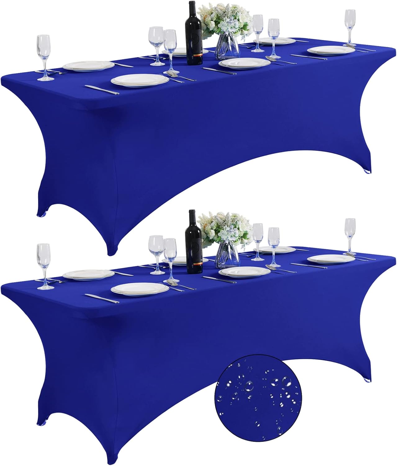 SuperO 2Pack Waterproof Spandex Table Cover for 8FT Table Universal Fitted Stretch Tablecloth for Party, Banquet, Wedding and Events-Royal Blue