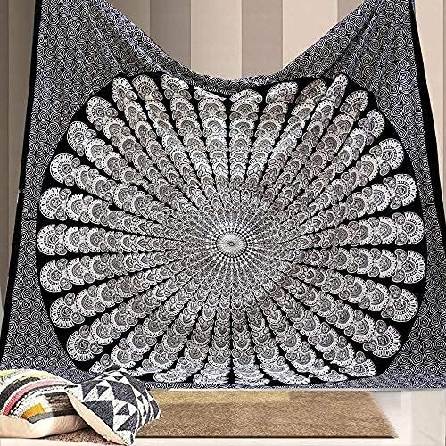 Bless International Handmade Indian hippie Bohemian Psychedelic Peacock Mandala Wall hanging College Dorm Beach Throws Table Cloth Bedding Tapestry (Black White, King(88x104Inches)(225x265Cms))