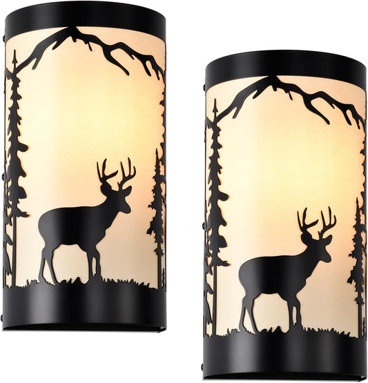 Wall Sconces Set of Two,Deer Cream White Parchment Rustic Wall Sconces,Farmhouse Black Sconce Light,Industrial Metal Indoor Wall Light Fixtures,Wall Lamps for Bedroom,Living Room,Hallway