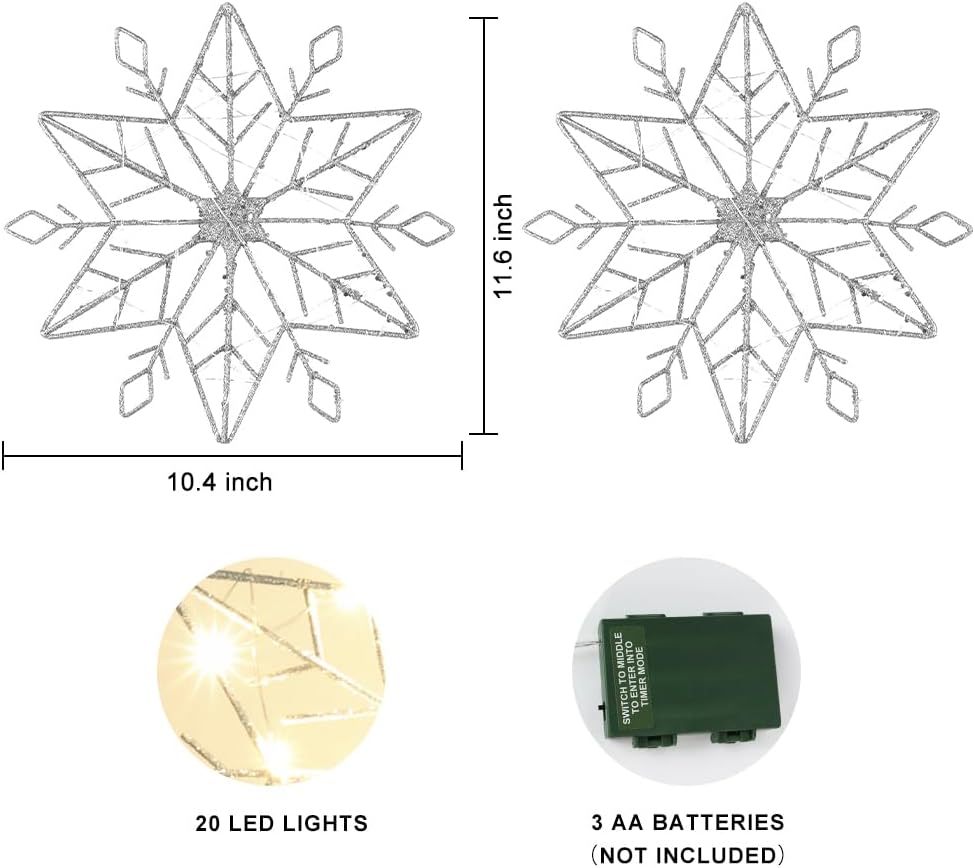hogardeck Christmas Tree Topper, 10" Lighted Silver Snow Tree Topper, 20 LED Lights Silver Glitter Powder Snowflake Tree Toppers Christmas Decorations, Battery Powered Timer Xmas Treetop Star Decor