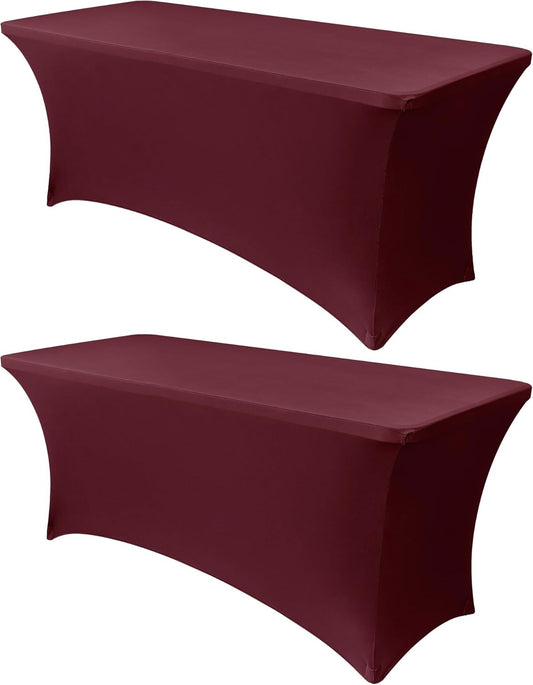 Obstal 4Ft Stretch Spandex Table Cover for Standard Folding Tables - 2 Pack Universal Rectangular Fitted Tablecloth for Party, Banquet, Events, Trade Show (Wine Red, 48L x 24W x 30H Inches)