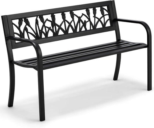 AVAWING Outdoor Bench, 2-Person Garden Benches for Outside, Metal Frame Patio Seating with Floral Pattern Backrest, Armrests for Lawn, Park, Porch, Entryway, Black