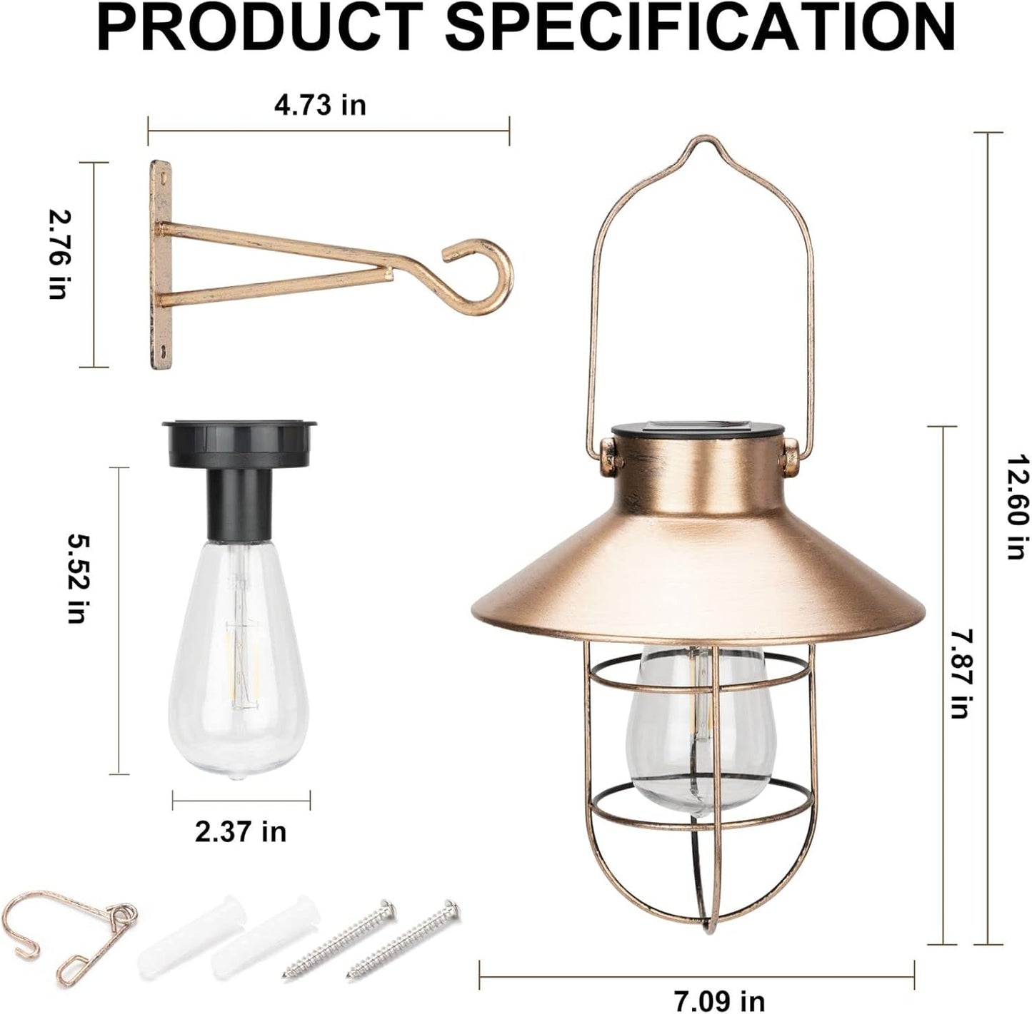 pearlstar Solar Lanterns Outdoor Metal Solar Powered Hanging Lights Waterproof for Barn Wall Yard Garden Patio Garage Balcony Porch Fence Decor, Warm White Edison Bulb (Copper-2pack)