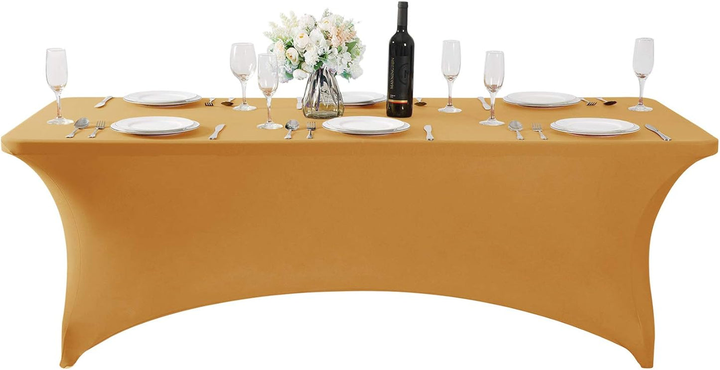 SuperO 2Pack Waterproof Spandex Table Cover for 8FT Table Universal Fitted Stretch Tablecloth for Party, Banquet, Wedding and Events-Gold