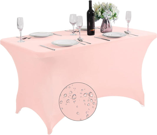 SuperO Waterproof Spandex Table Cover for 4FT Table Universal Fitted Stretch Tablecloth for Party, Banquet, Wedding and Events-Blush Pink