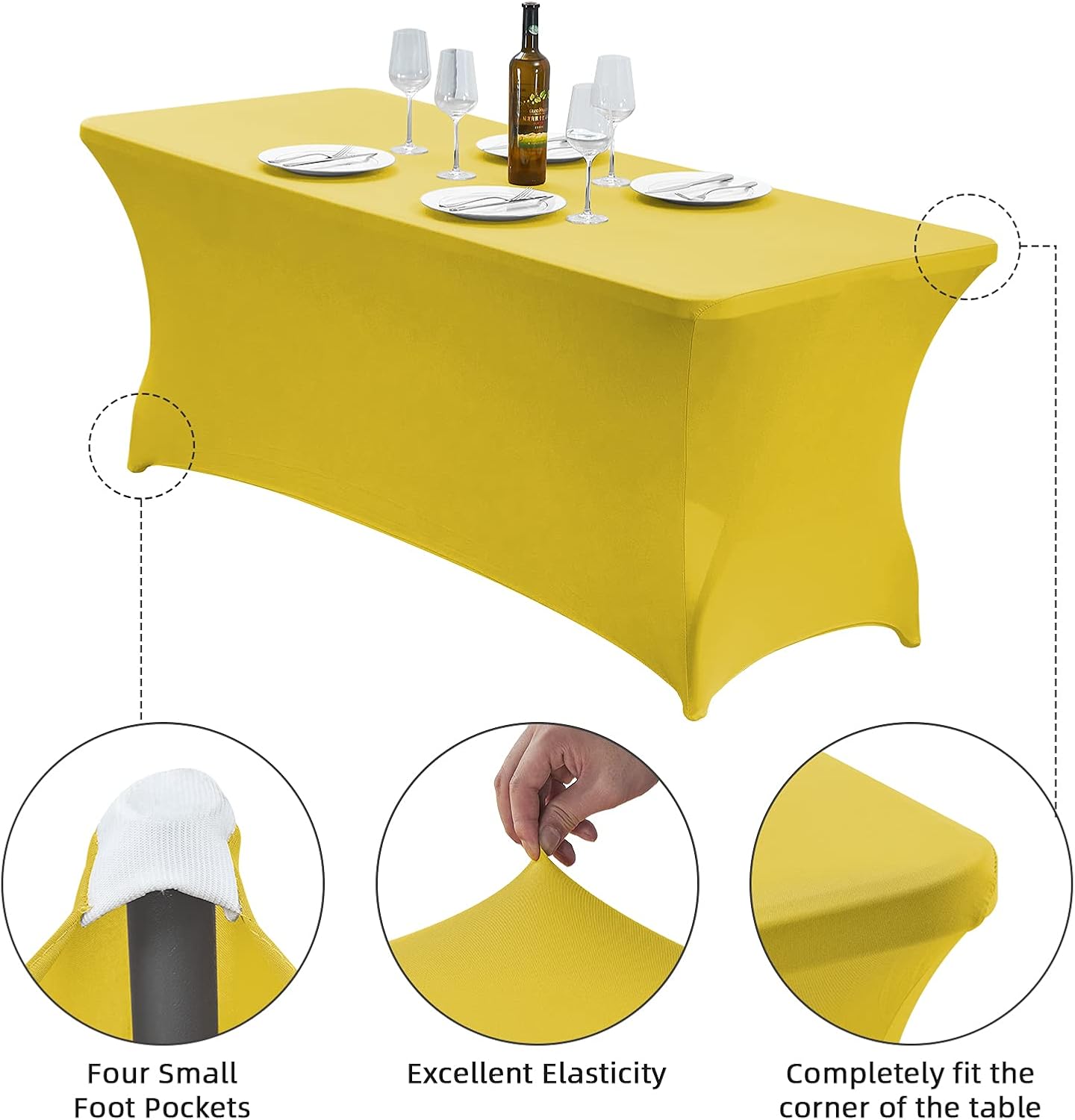 CWK 4FT Waterproof Stretch Spandex Table Cover for Rectangular Tables - Elastic Fitted Tablecloth for Folding Tables,Wrinkle Resistant Table Cloth for Parties, Weddings, Banquets & Events (Yellow)