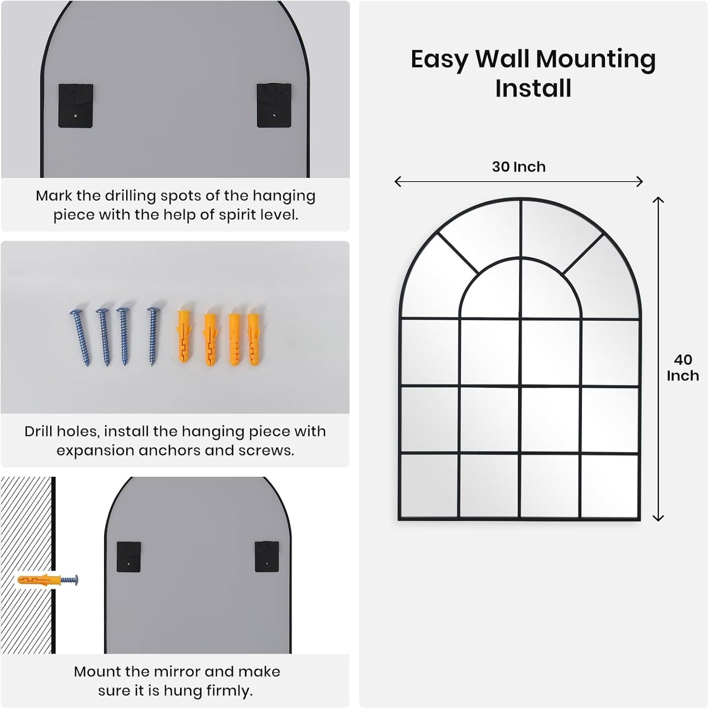 Arched Windowpane Wall Mirror 30"x40" Black Wall Mounted Art Pane Mirror Farmhouse Decorative Mirror Leaning Hanging Wall Mirror for Bedroom Living Room Entrance Hallway Wall Decor