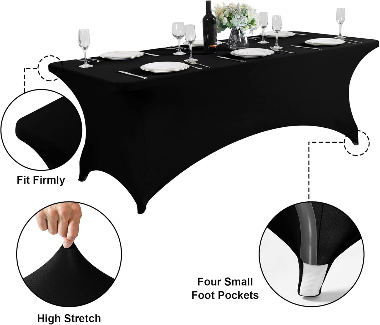 SuperO 2Pack Waterproof Spandex Table Cover for 8FT Table Universal Fitted Stretch Tablecloth for Party, Banquet, Wedding and Events-Black