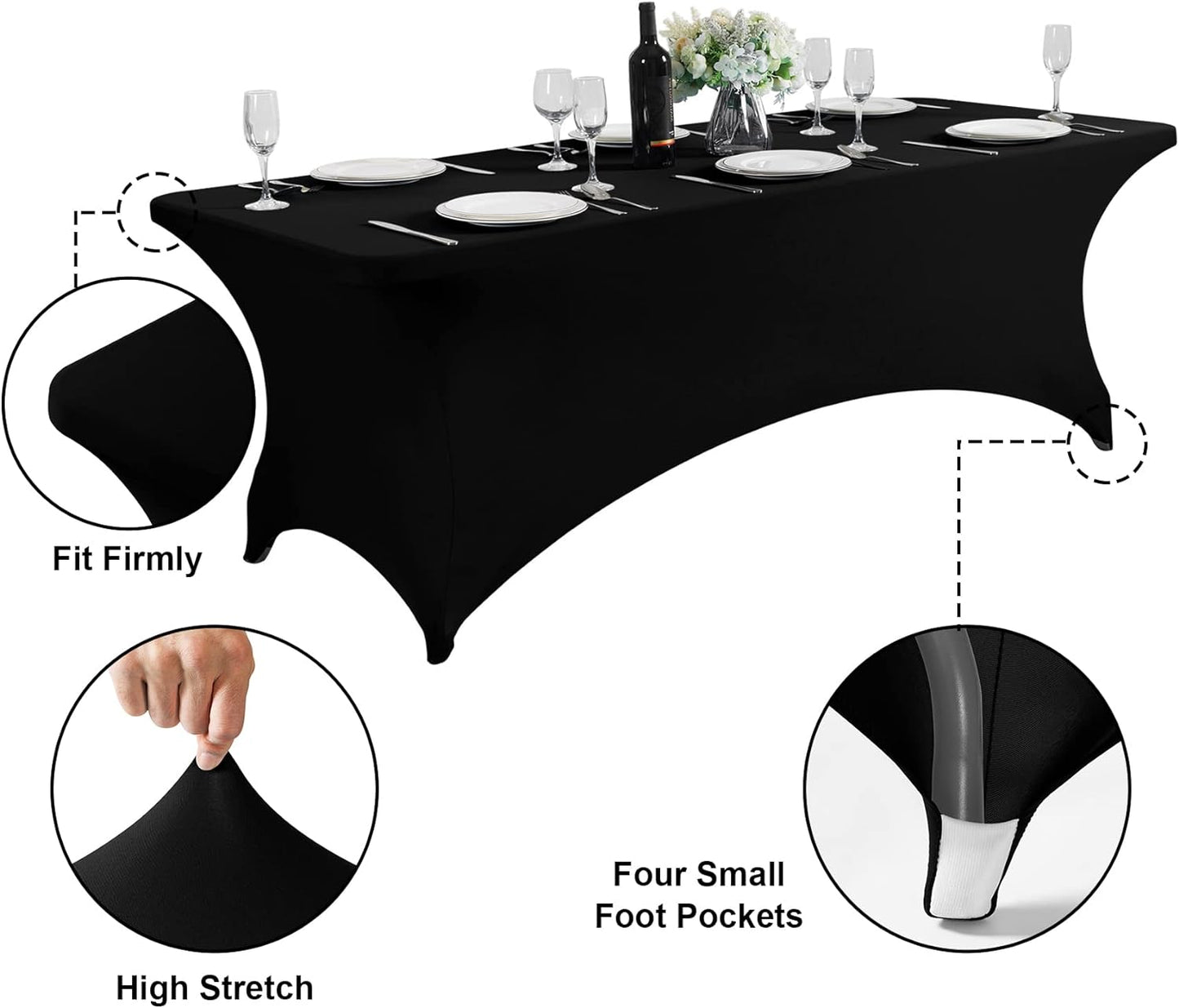 SuperO Waterproof Spandex Table Cover for 6FT Table Universal Fitted Stretch Tablecloth for Party, Banquet, Wedding and Events-Black
