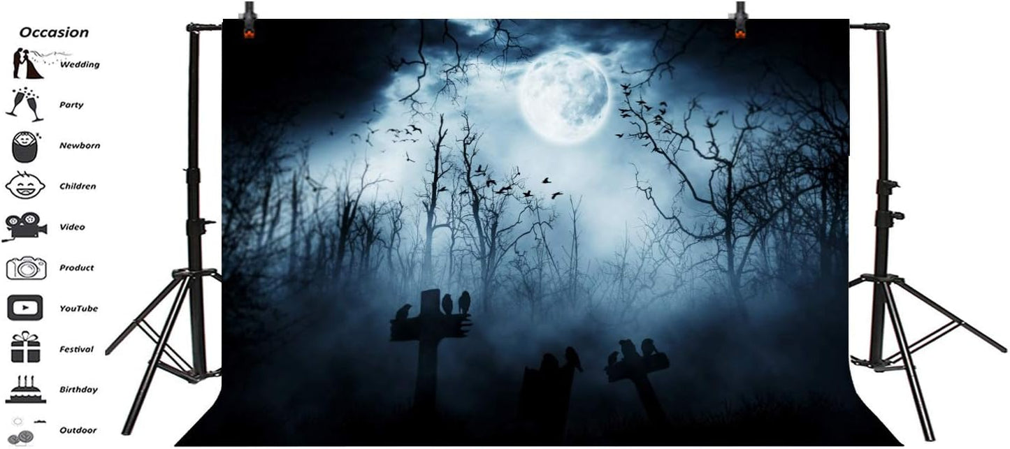 AOFOTO 5x3ft Moon Night Halloween Cemetery Photography Backdrop Flying Bats Birds Stand on Gravestone Cross Graveyard in Dark Forest Photo Background Cloth Vinyl Wallpaper Photo Studio Props