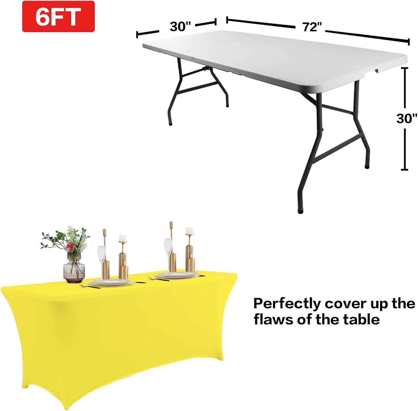 IVAPUPU 2 Pack 6FT Table Cloth for Rectangular Fitted Events Stretch Yellow Table Covers Washable Spandex Tablecloth Protector for Party, Wedding, Cocktail, Banquet, Festival