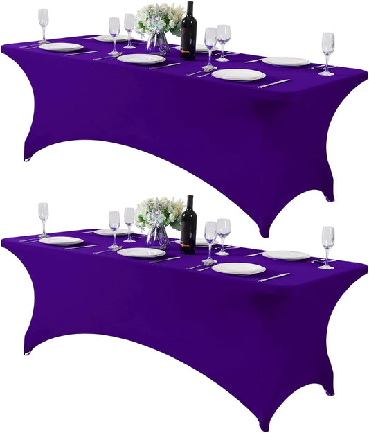 2Pack Spandex Table Cover for 8FT or 4ft or 6ft Table Universal Fitted Stretch Tablecloth for Party, Banquet, Wedding and Events-Purple