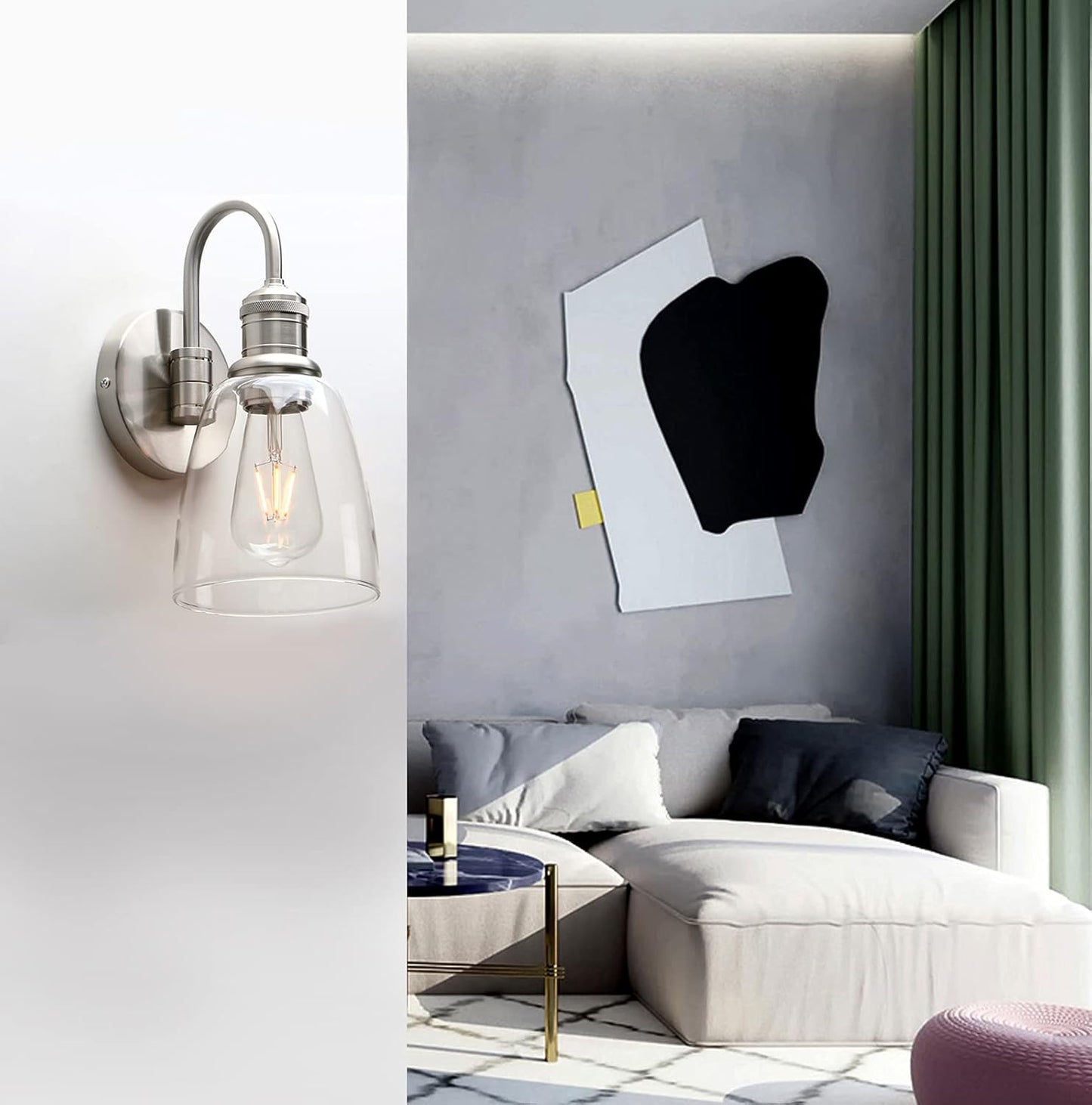 Yosoan 1-Light Brass Modern Vintage Indoor Wall Sconce, Vanity Single Luxury Hardwired Retro Textured Clear Oval Cone Glass Shade with Industrial Gooseneck Curved Rod Bathroom Lamp(Brushed)